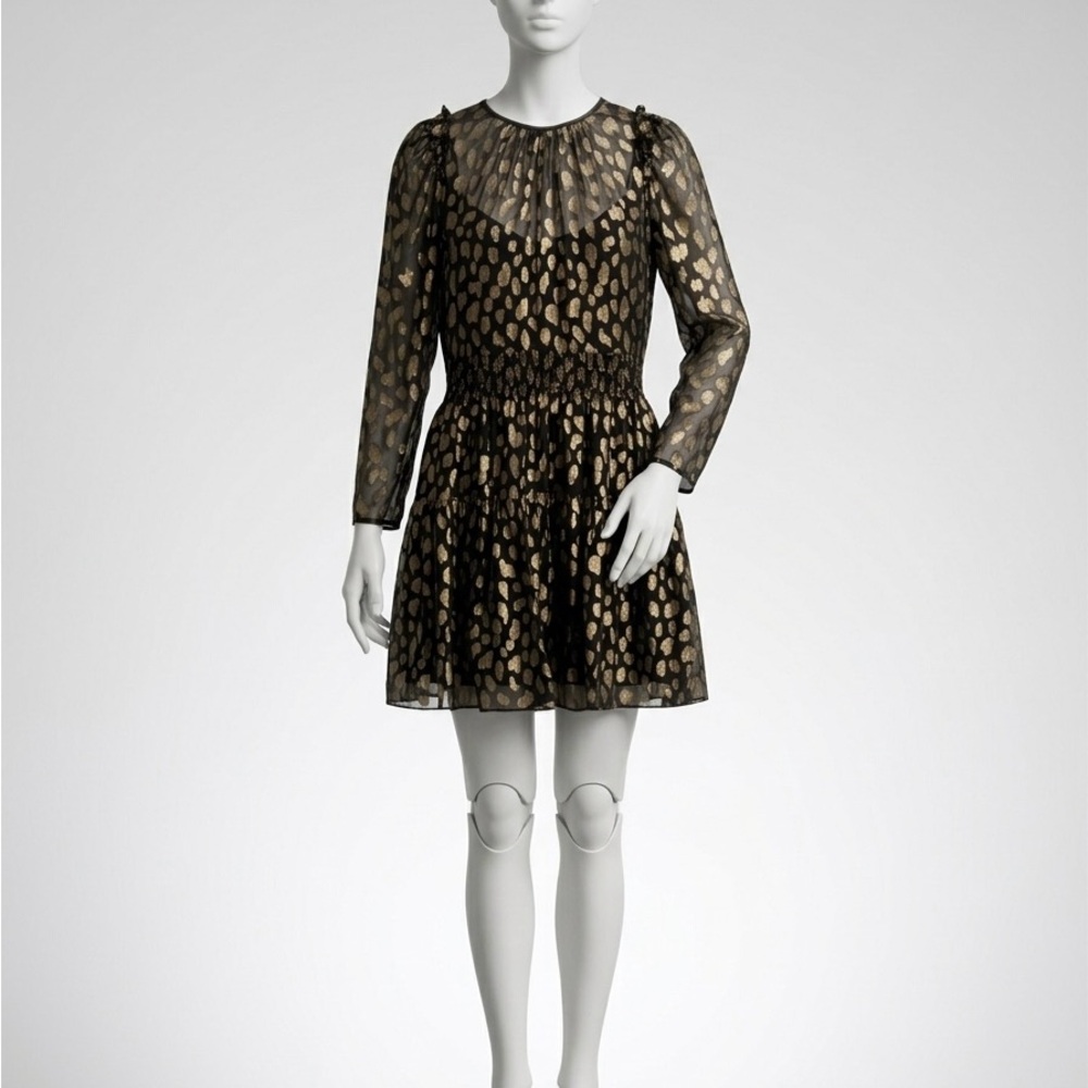 Rebecca Taylor Black and Gold Leopard Silk-Blend Mini Dress